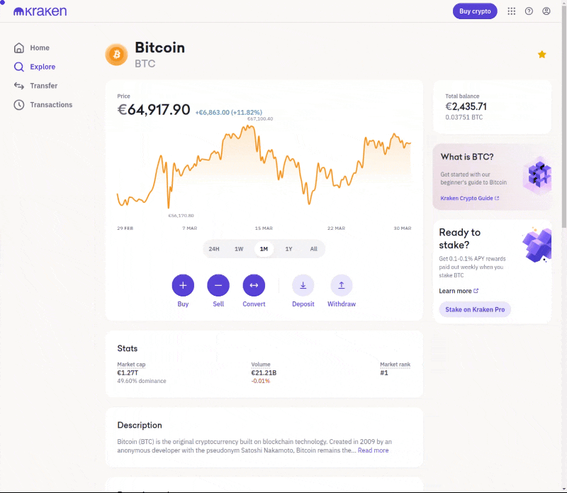 Ablauf, wie man auf Kraken Bitcoins kaufen kann.