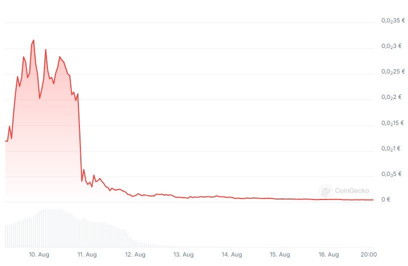 Typischer Kursverlauf eines wertlosen Altcoins, nachdem das Projekt bereits nach wenigen Tagen „gerugged“ wurde.