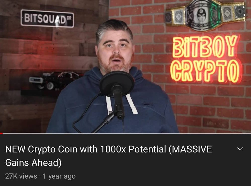 Beispielvideo auf YouTube, wie Bitboy Crypto Werbung für einen bestimmten Altcoin macht.